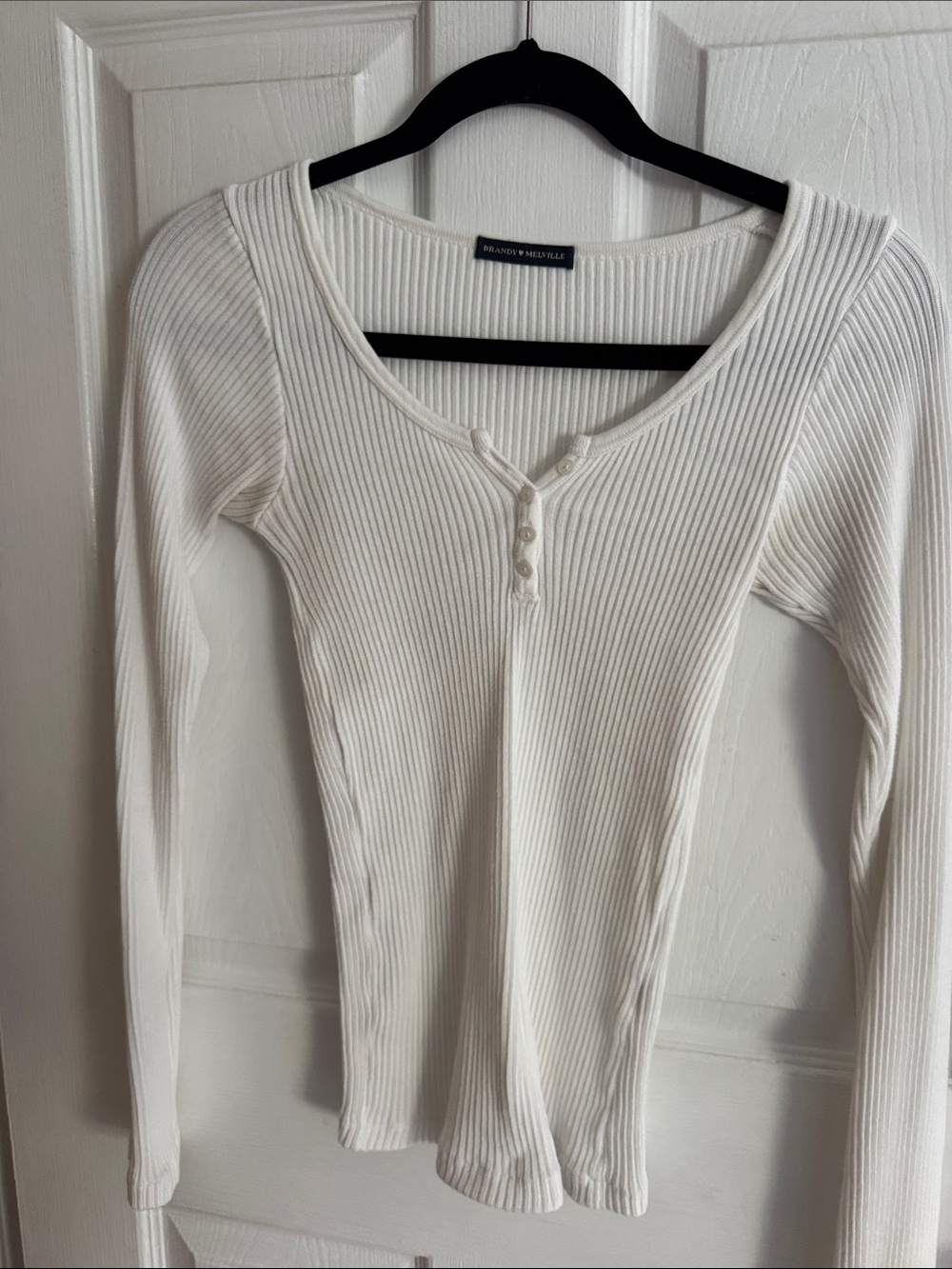 Brandy Melville Cream Ribbed Scoop-Neck Long Sleeve Top with Button Placket
